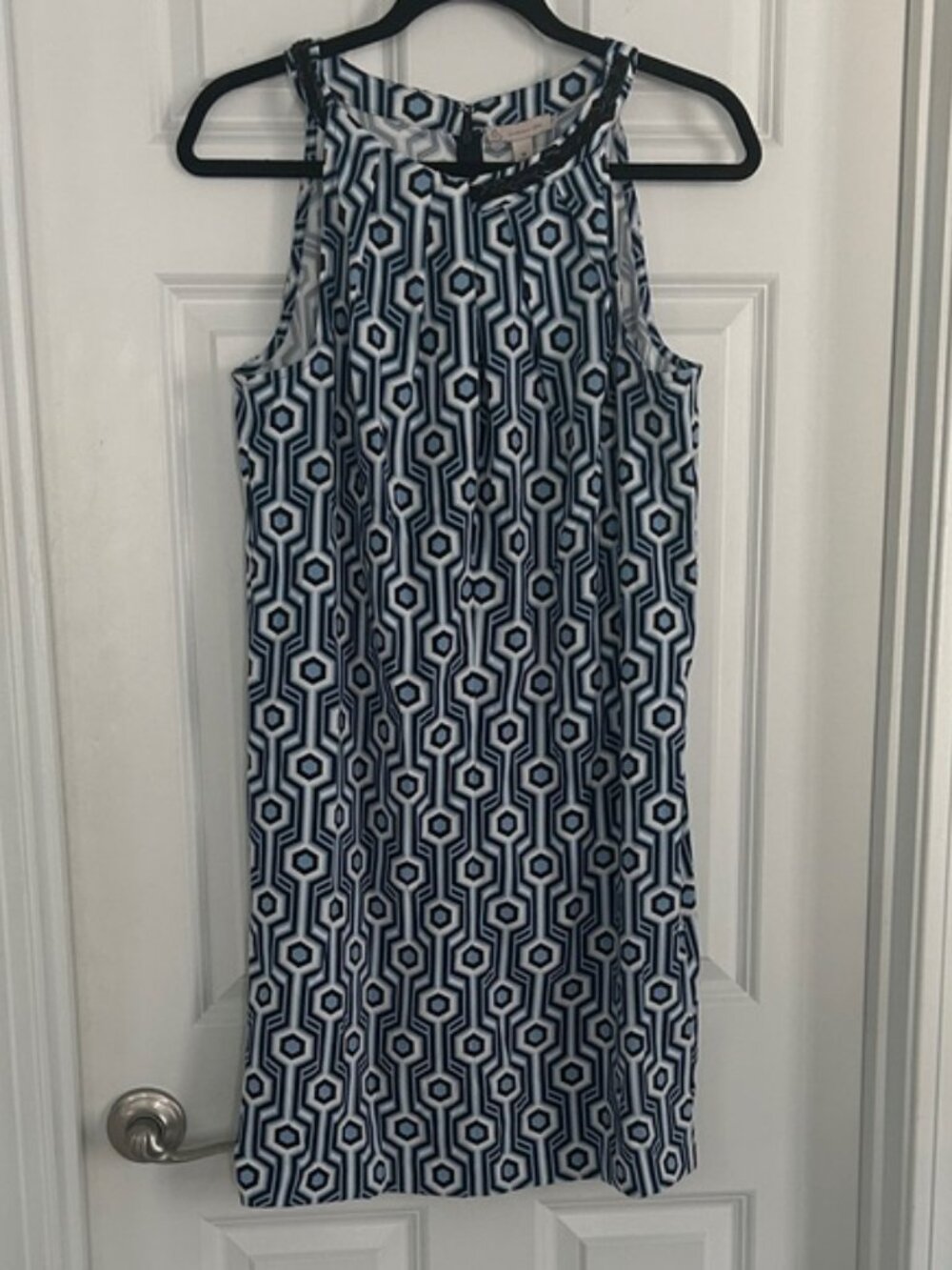 Light Blue, Black and White Geometric Mini Dress with beaded accents